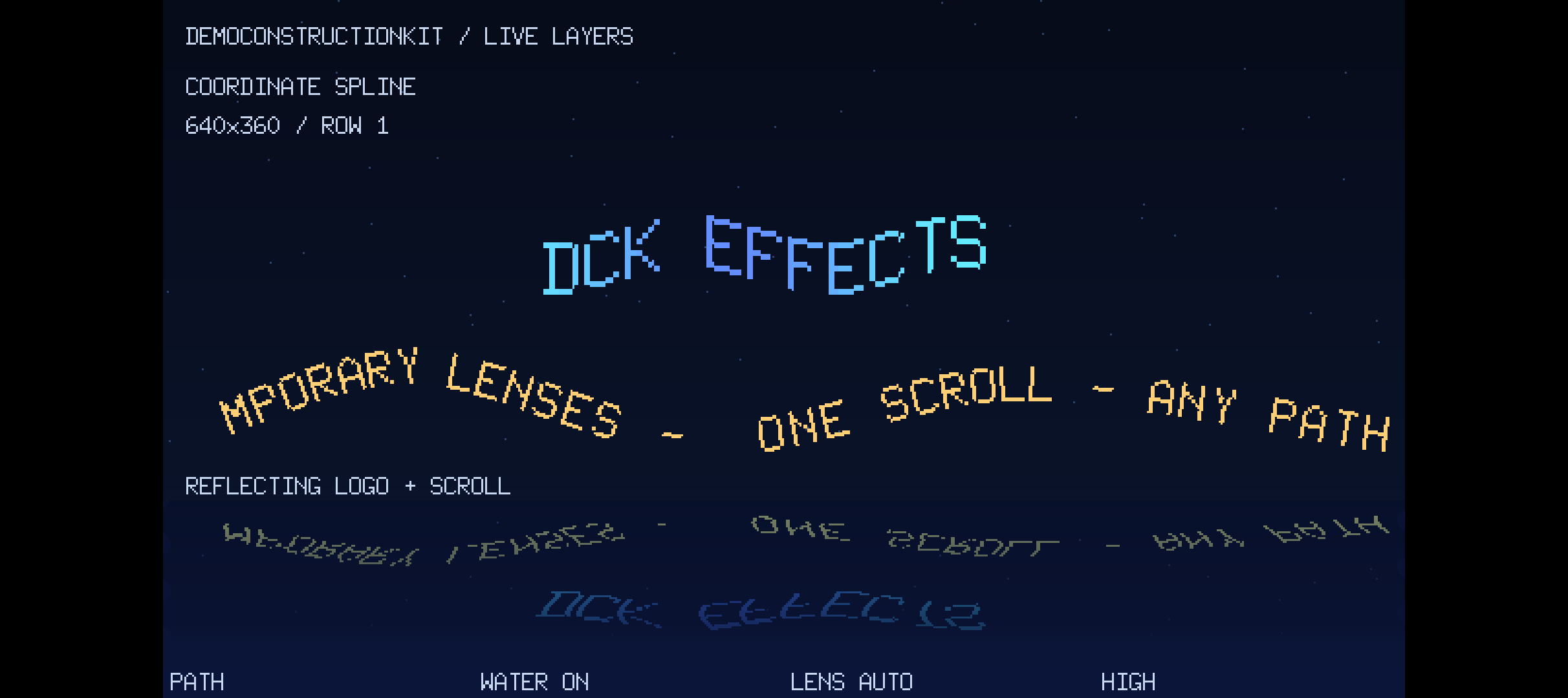 Composition DCK réunissant texte sur trajectoire, étoiles, reflet et loupe
